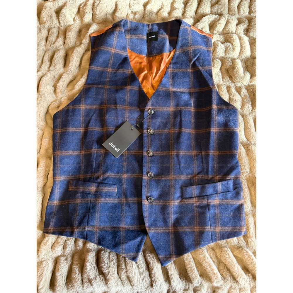 Dobell Suit Vest Men's Size M Navy Rust Plaid Tweed Wool Waistcoat‎ NWT